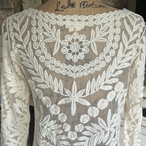 Anthro Meadow Rue cream Lace Grace long sleeve sheer shirt scoop neck scallops - Picture 11 of 16